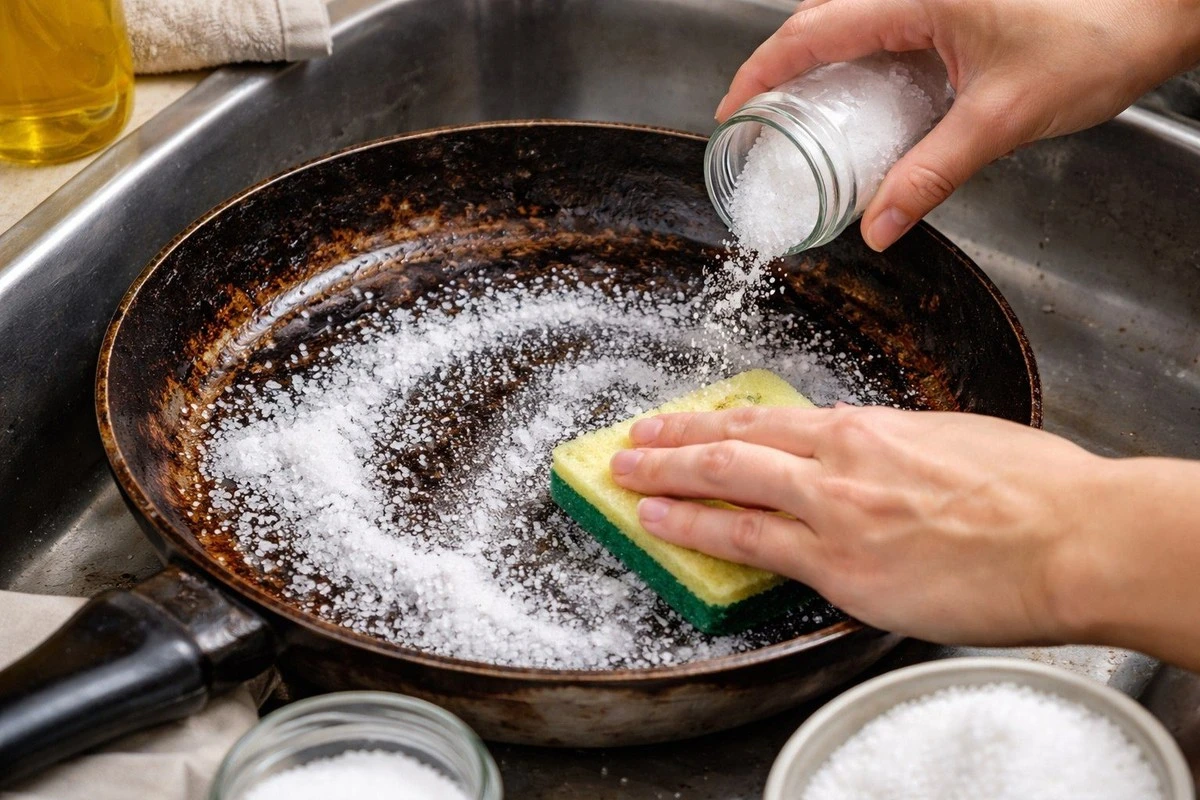Jak vyčistit připálené nádobí obyčejnou solí a houbičkou – trik od tchyně, který funguje!