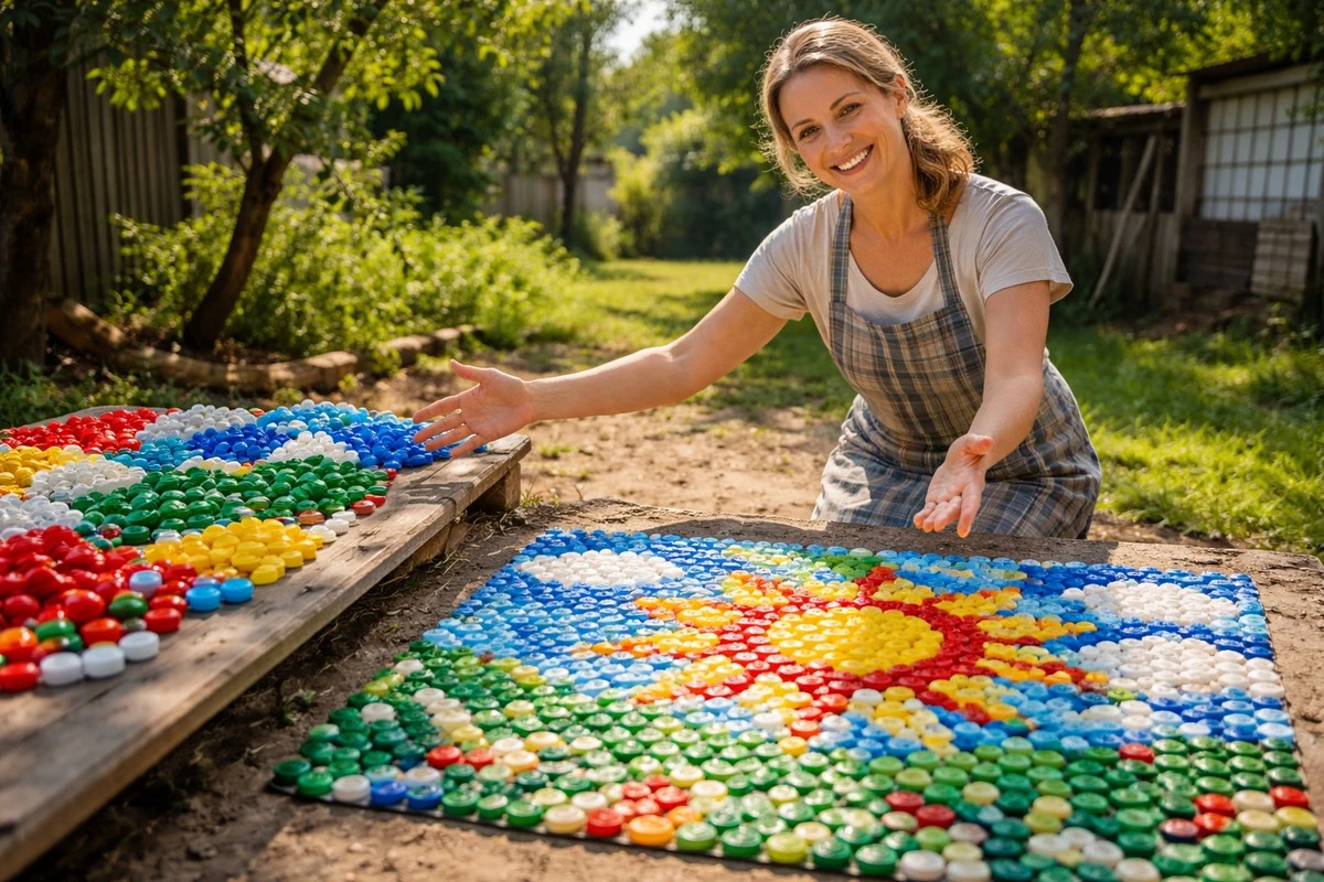 Z krabic víček od lahví vyrobíte dlažbu za pár korun